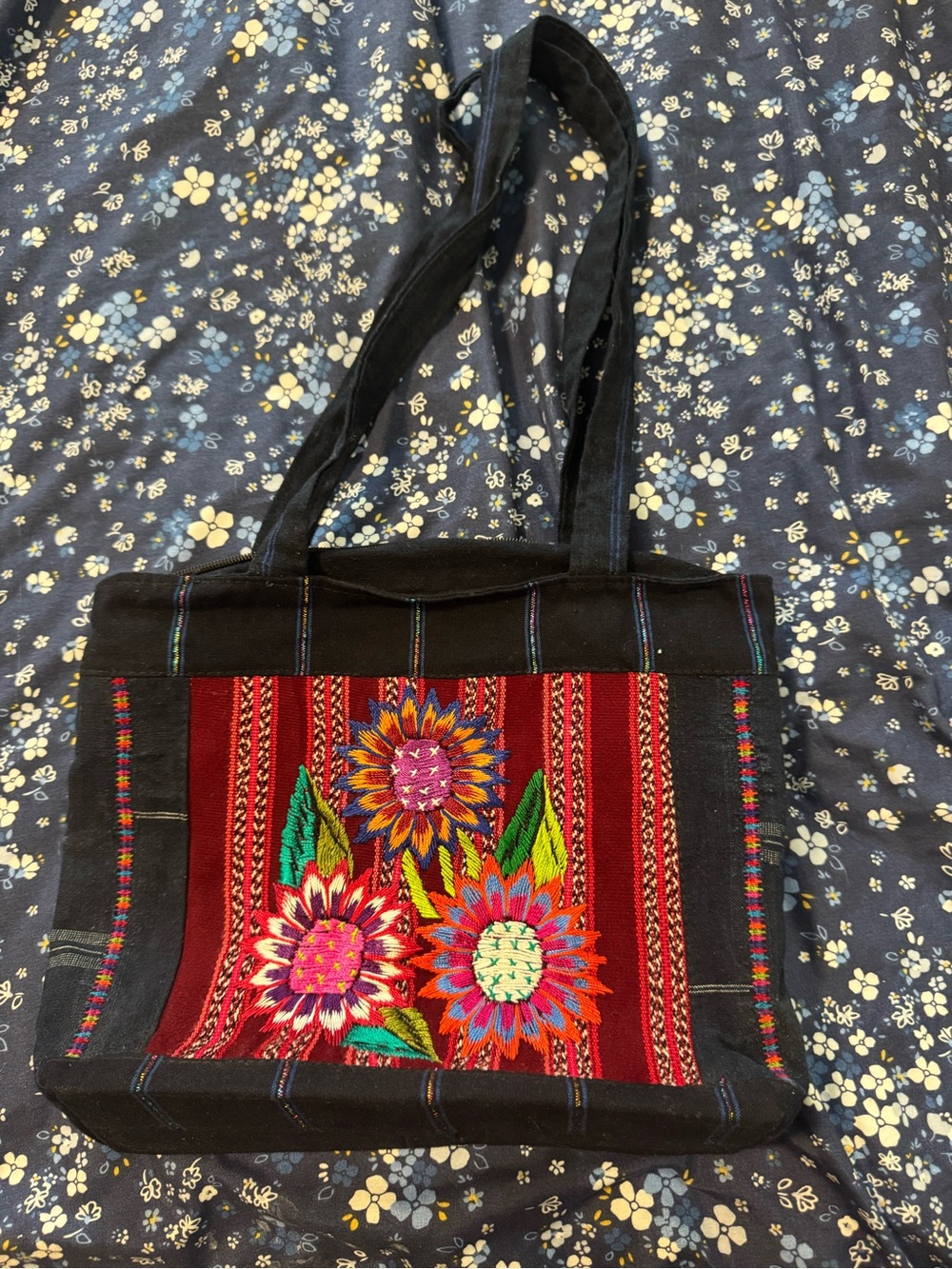 Hand-Embroidered Floral Tote Bag - Red